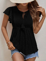 Women Clothing Spring Summer Women Solid Color Jacquard Ruffle Sleeve Elegant T Shirt Top - Quality Home Clothing| Beauty