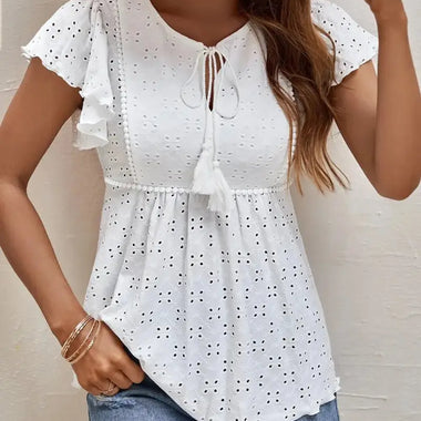 Women Clothing Spring Summer Women Solid Color Jacquard Ruffle Sleeve Elegant T Shirt Top - Quality Home Clothing| Beauty