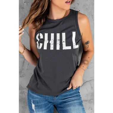 Gray CHILL Graphic Print Tank Top - Gray / S / 95% Polyester + 5% Elastane - Tops/Tank Tops