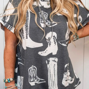 Gray Plus Size Western Boots Print Crew Neck T Shirt - Gray / 1X / 95% Polyester + 5% Elastane - Plus Size/Plus Size