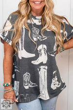 Gray Plus Size Western Boots Print Crew Neck T Shirt - Gray / 1X / 95% Polyester + 5% Elastane - Plus Size/Plus Size