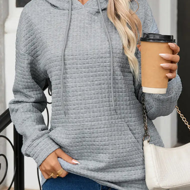 Grey textured pullover hoodie with quilted pattern, ideal for relaxation in various sizes