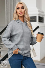 Gray Quilted Kangaroo Pocket Drawstring Hoodie with balloon sleeves for relaxed fit