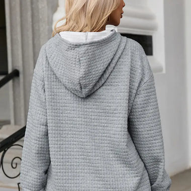 Gray Quilted Kangaroo Pocket Drawstring Hoodie with ribbed pattern for relaxed wear