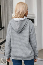 Gray Quilted Kangaroo Pocket Drawstring Hoodie with ribbed pattern for relaxed wear