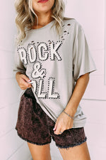 Gray Rock & Roll Graphic Distressed Vintage Tee with decorative dotted design