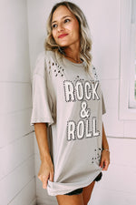 Gray Rock & Roll Graphic Distressed Vintage Tee with studded embellishments, relaxed fit