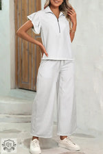 Gray Stripe Zipped Collar Ruffled Sleeve Tee with Wide Leg Pants for relaxed style