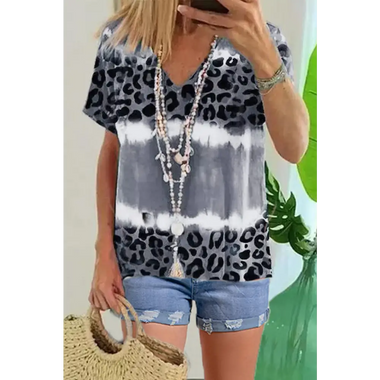 Gray Tie Dye Leopard Patchwork Short Sleeve Top - Gray / S / 95% Polyester + 5% Elastane - Tops/Tops & Tees