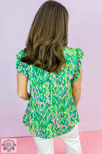 Green Abstract Print Ruffled Trim Tied Split Neck Tank Top with pink and green pattern