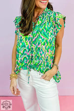 Green Abstract Print Ruffled Trim Tied Split Neck Tank Top featuring green and pink patterns