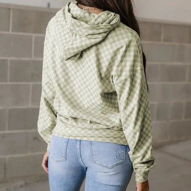 Green Checkered Print Kangaroo Pocket Drawstring Hoodie - Tops/Sweatshirts & Hoodies