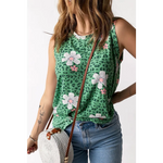 Green Crew Neck Floral Leopard Print Tank Top - Green / S / 95% Polyester + 5% Elastane - Tops/Tank Tops