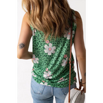 Green Crew Neck Floral Leopard Print Tank Top - Tops/Tank Tops