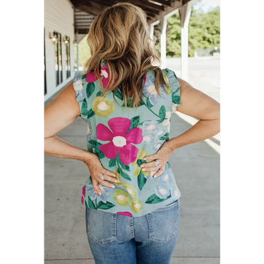 Green Floral Print Ruffle Trim Tank Top - Tops/Tank Tops