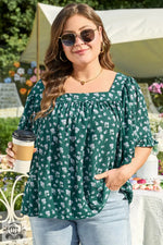 Green Floral Print Square Neck Ruffled Trim Plus Size Blouse - Green / 1X / 100% Polyester - Plus Size/Plus Size