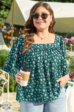 Green Floral Print Square Neck Ruffled Trim Plus Size Blouse - Plus Size/Plus Size Tops/Plus Size Blouses & Shirts