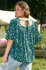 Green Floral Print Square Neck Ruffled Trim Plus Size Blouse - Plus Size/Plus Size Tops/Plus Size Blouses & Shirts