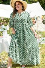 Green Geometric Floral Print Half Sleeve Plus Size Maxi Dress - Green / 1X / 100% Polyester - Plus Size/Plus Size