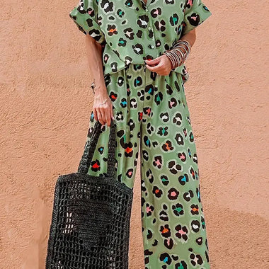 Green Leopard Print Short Sleeve Shirt and Wide Leg Pants Set featuring stylish leopard print