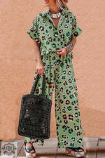 Green Leopard Print Short Sleeve Shirt and Wide Leg Pants Set featuring stylish leopard print