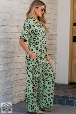 Green Leopard Print Short Sleeve Shirt and Wide Leg Pants Set featuring stylish leopard print