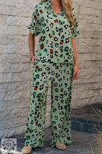 Green Leopard Print Short Sleeve Shirt and Wide Leg Pants Set for stylish loungewear