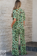 Green Leopard Print Short Sleeve Shirt and Wide Leg Pants Set for stylish loungewear