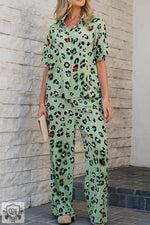 Green Leopard Print Short Sleeve Shirt and Wide Leg Pants Set featuring stylish leopard print