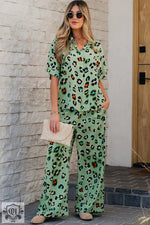 Green Leopard Print Short Sleeve Shirt and Wide Leg Pants Set showcases stylish leopard print