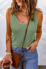 Green Plain Waffle Knit U Neck Tank Top - Green / S / 95% Polyester + 5% Elastane - Tops/Tank Tops