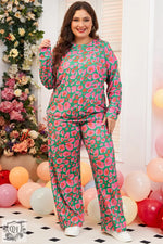 Green and pink floral pajama set in Plus Size Long Sleeve and Pants Lounge Set for relaxation