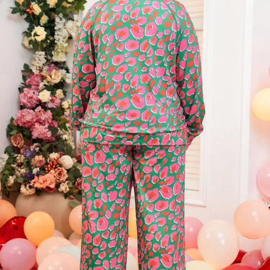 Green and pink patterned Plus Size Printed Long Sleeve and Pants Lounge Set for relaxation