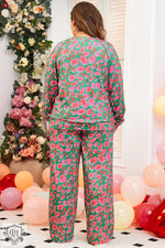 Green and pink patterned Plus Size Printed Long Sleeve and Pants Lounge Set for relaxation