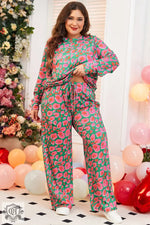 Green Plus Size Printed Long Sleeve and Pants Lounge Set featuring floral design for relaxation