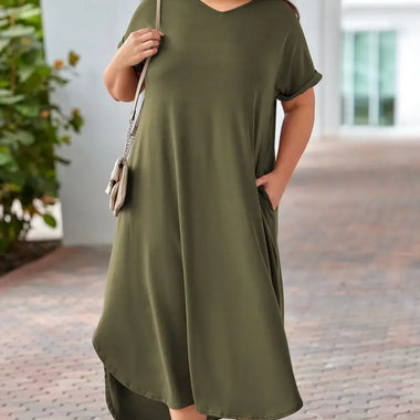 Olive green midi dress highlighting sizes bust shoulder with stylish v-neck and rolled cuffs