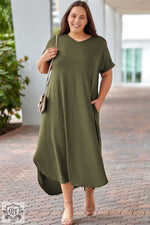 Olive green midi dress highlighting sizes bust shoulder with stylish v-neck and rolled cuffs