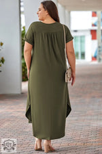 Olive green plus size V neck maxi dress with rolled cuffs and shoulder sleeve length options