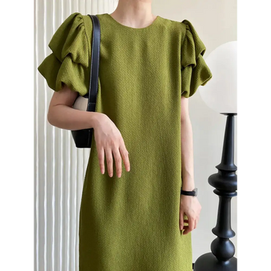 Puff Sleeve Green Straight Dress Summer Women Mid Length High Sense Loose Maxi Dress - Quality Home Clothing| Beauty