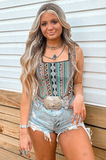 Sleeveless Green Western Geo Printed Square Neck Tank Top with distressed denim shorts