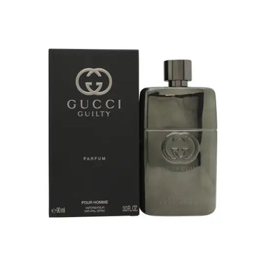 Gucci Guilty Pour Homme Parfum 90ml Spray with black packaging and perfume bottle