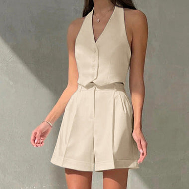 Halter Buttoned Vest & Shorts Set - Clothing