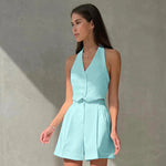 Halter Buttoned Vest & Shorts Set - Clothing