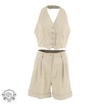 Halter Buttoned Vest & Shorts Set - Clothing