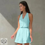 Halter Buttoned Vest & Shorts Set - S / Blue - Clothing