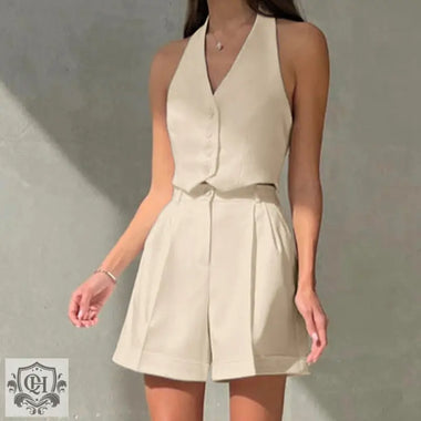 Halter Buttoned Vest & Shorts Set - Clothing