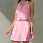 Halter Buttoned Vest & Shorts Set - S / Pink - Clothing