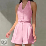 Halter Buttoned Vest & Shorts Set - S / Pink - Clothing