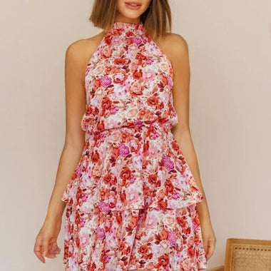 Women Summer Vacation Floral Ruffled Tiered A Line Tie Backless Dress - Quality Home Clothing| Beauty