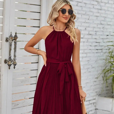 Summer Women Clothing Halter Lace Up Sleeveless Pleated Mini Dress - Quality Home Clothing| Beauty